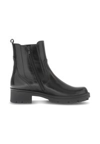 Botas de tobillo de cuero negro con punta redonda, cremalleras laterales y una suela de goma texturizada. Presentan un tacón bajo y detalles cosidos.