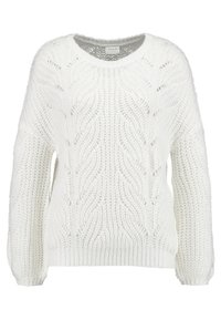 Pull en maille blanche avec motifs torsadés, manches longues, poignets et ourlet côtelés, portant l'étiquette "VILA" au niveau de l'encolure.