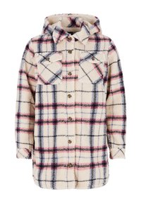 Geruite fleece shirtjack met capuchon, met beige, zwart, blauwe en roze patronen, twee borstzakken en knoopsluiting. Textuurstof.