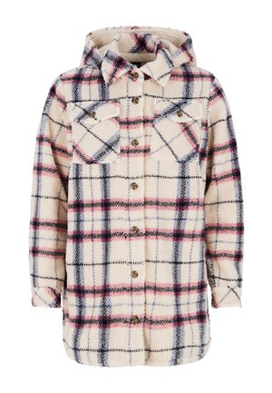 Plaid fleece shirt jacket with a hood, featuring beige, black, blue, and pink patterns, two chest pockets, and button closure. Textured fabric.