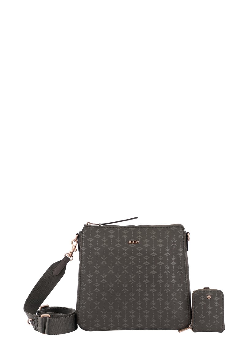Borsa a tracolla grigia a motivi con logo rosa oro, tracolla rimovibile e piccolo sacchetto abbinato. Texture liscia e forma rettangolare.