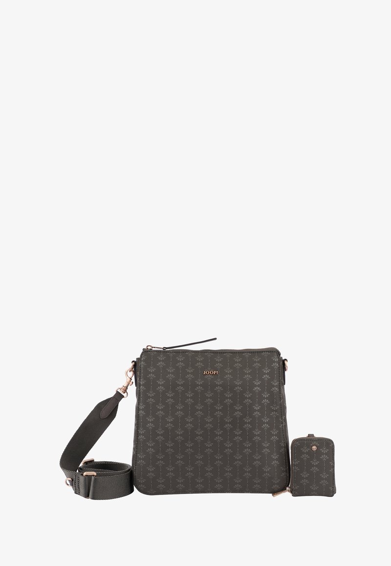 Borsa a tracolla grigia a motivi con logo rosa oro, tracolla rimovibile e piccolo sacchetto abbinato. Texture liscia e forma rettangolare.