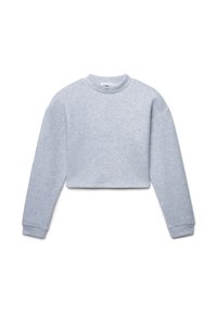 Krótkia pufa w jasnoszarym kolorze, z okrągłym dekoltem i długimi rękawami zakończonymi ściągaczami. Miękka faktura, minimalistyczny design.