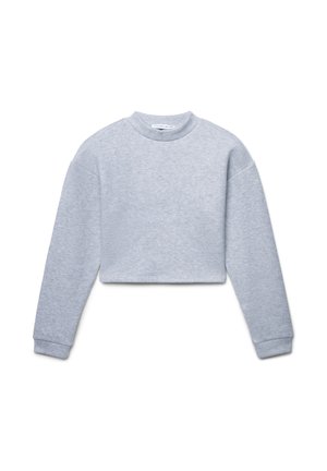 Sweatshirt cropped in tessuto grigio chiaro, con scollo rotondo e maniche lunghe con polsini a coste. Texture morbida, design minimal.