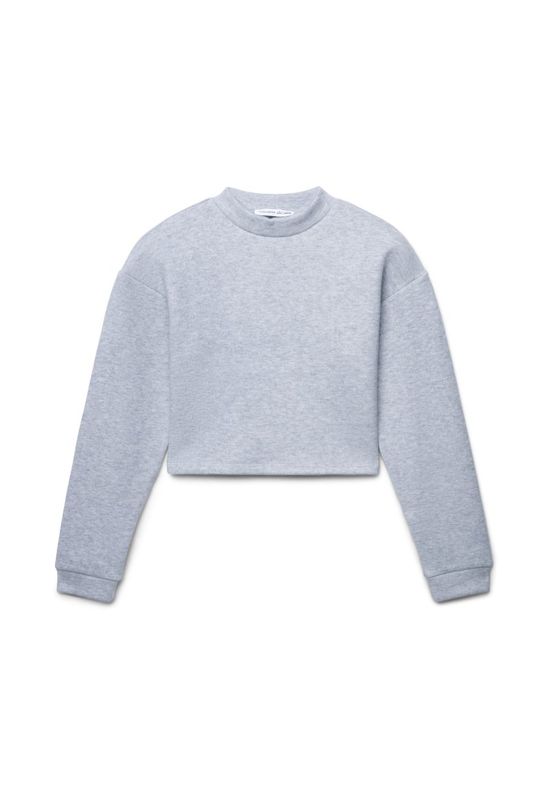 Krótkia pufa w jasnoszarym kolorze, z okrągłym dekoltem i długimi rękawami zakończonymi ściągaczami. Miękka faktura, minimalistyczny design.