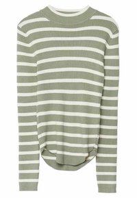 Gestreepte gebreide trui in gedempt groen en wit, met lange mouwen, een ronde hals en een gebogen zoom met zijsplitten. Getextureerde ribbelstof.