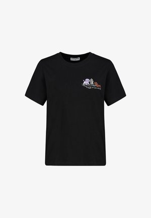 Black short-sleeve T-shirt with small colorful embroidery of two dogs and a fire hydrant on the upper left chest.