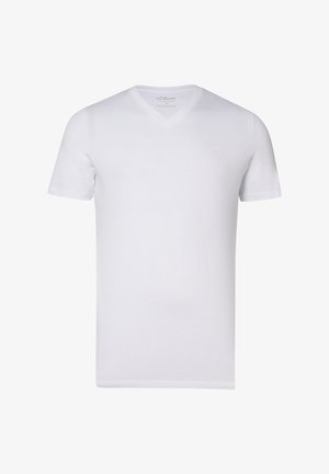 Schlichtes weißes T-Shirt mit kurzen Ärmeln und V-Ausschnitt, kleines Logo auf der linken Brust und glatter Stoff, vor weißem Hintergrund präsentiert.