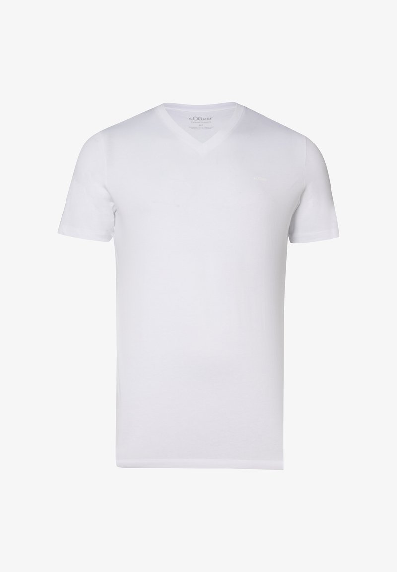 T-shirt blanc uni à manches courtes avec col en V, petit logo sur la poitrine gauche et tissu lisse, présenté sur un fond blanc.