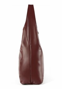 Burgundy leather shoulder bag with a smooth texture, tapered shape, and prominent seam detail along the side, featuring a single top handle.