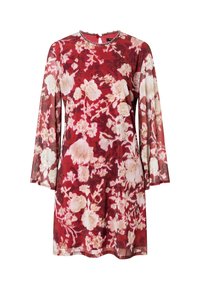 Rotes Blumenkleid mit langen, transparenten Ärmeln. Verfügt über einen runden Halsausschnitt, der mit Perlen verziert ist, und einen Verschluss im Rücken. Leichter Stoff.