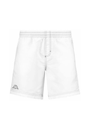 Pantaloni da bagno bianchi con cuciture nere a contrasto, cintura elastica e logo Kappa sul lato sinistro. Design semplice e leggero.