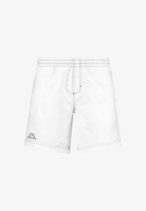 Pantaloni da bagno bianchi con cuciture nere a contrasto, cintura elastica e logo Kappa sul lato sinistro. Design semplice e leggero.