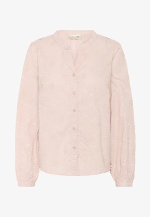 Helle rosa Bluse mit langen Ärmeln, floraler Stickerei, Knopfleiste und Mandarinkragen. Weicher Stoff mit sanfter Textur.