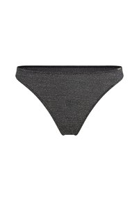 Bas de bikini en paillettes noires avec une texture lisse, une couverture minimale et une fine ceinture, conçu dans un style classique de string.