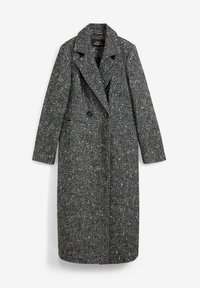 Cappotto lungo in tweed grigio con un motivo tessurizzato, rever a punta, bottoni doppi e tasche laterali. Maniche a lunghezza piena.