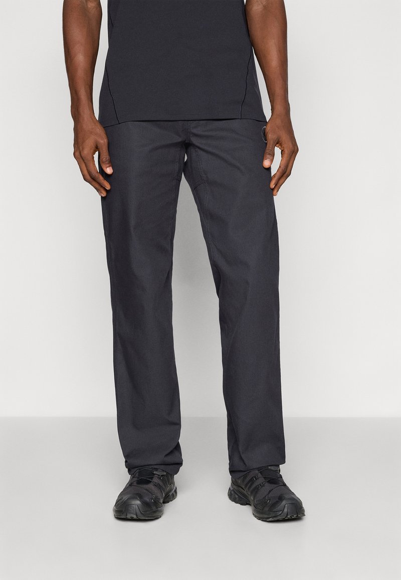 Dark gray pants made from lightweight fabric, with a straight-leg fit and subtle texture. Paired with black sports shoes.