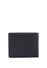 Portafoglio in pelle nera con una superficie liscia, design pieghevole a due scomparti, cuciture visibili e profilo sottile. Nessun motivo esterno o dettagli hardware.