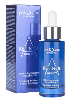 Botella gotero de vidrio azul y caja a juego de PostQuam Professional Retinol Intensive crema hidratante para piel seca y deshidratada.
