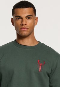 Felpa verde in cotone, con una grafica di un'astice rosso sul lato sinistro del petto. Collo rotondo classico e texture morbida.
