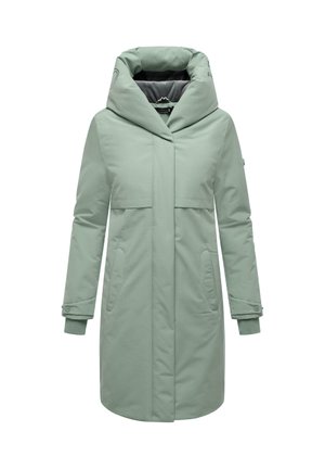 Light green, long coat with a large hood, front flap pocket, side pockets, and ribbed cuffs. Made of smooth, water-resistant material.
