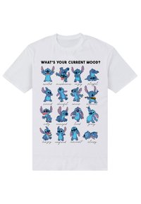 Biała koszulka z krótkim rękawem z niebieską postacią z kreskówki, Stitch, wyrażającą różne emocje z odpowiadającymi etykietami tekstowymi w kolorze czarnym.