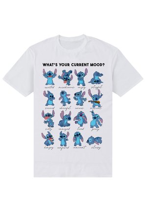 Bílé tričko s krátkým rukávem zdobené modrou kreslenou postavičkou Stitch, která vyjadřuje různé emoce doprovázené černými textovými popisky.
