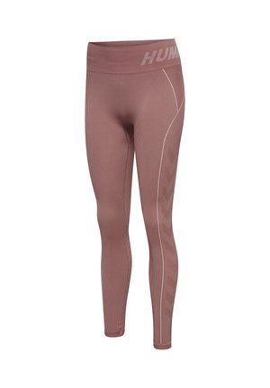 Bezszwowe, zakurzone różowe prążkowane legginsy z wysokim paskiem, z częściowym logo "HUMMEL" i subtelnym wzorem jodełki po boku.