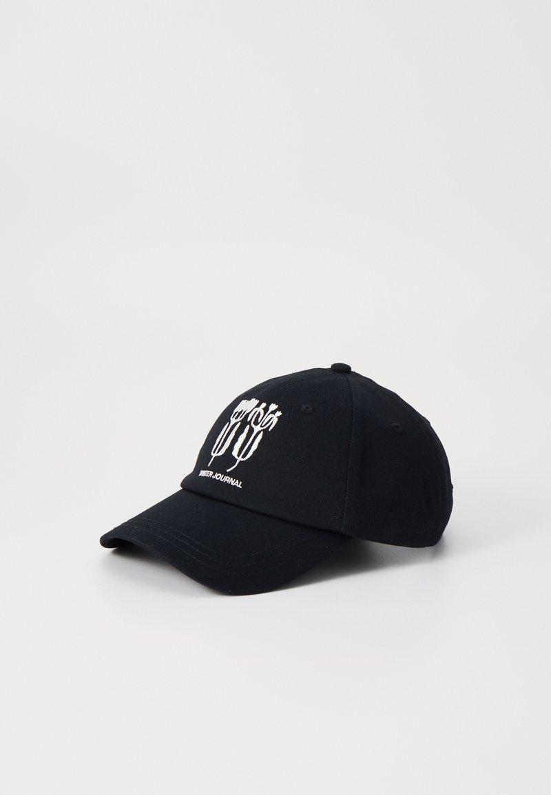 Black baseball cap made of cotton with a curved brim. It features white embroidered designs on the front and a button on top.