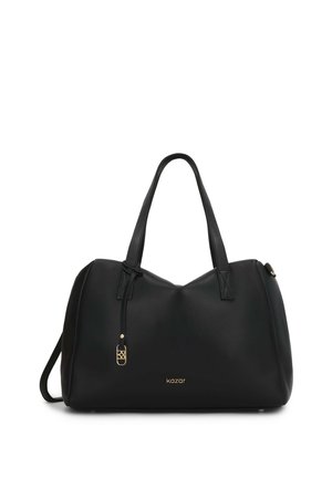 Czarna skórzana torebka na dwa uchwyty, z złotym suwakiem i małym złotym logo „kazar” na środku przodu.