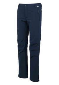 Pantalon d'extérieur bleu marine à jambes droites avec poches zippées, bouton et taille élastique, conçu pour la durabilité et le confort.
