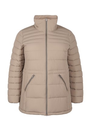Béžová péřová bunda s vysokým límcem, horizontálně prošívaným designem, zapínáním na zip vpředu a dvěma bočními kapsami na zip. Hladká textura.