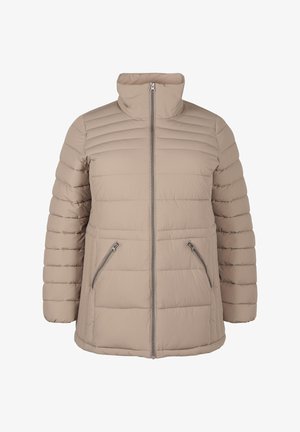 Béžová prešívaná bunda s vysokým golierom, horizontálnym prešívaním, zipsovým predným zapínaním a dvoma zipsovými postrannými vreckami. Hladká textura.