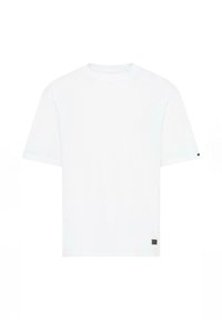 White cotton t-shirt with a round neckline, short sleeves, and a small black logo tag on the lower left side. Smooth texture, regular fit.