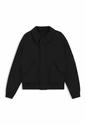 Black bomber jacket with a collared neck, snap button closure, and two front flap pockets. Features ribbed cuffs and hem. Textured fabric.