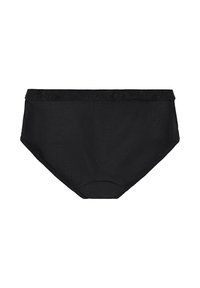 Zwarte katoenen slip met een gladde textuur, voorzien van een kantafwerking bij de taille. Het ontwerp is hooggesneden met een medium hoogte dekking.