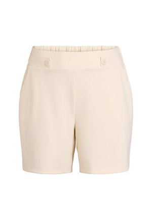 Beige shorts made from a soft, smooth fabric. Features an elastic waistband with two buttons and side pockets. Straight leg design.