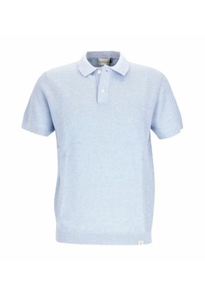 Light blue short-sleeve polo shirt with textured fabric, two white buttons, and a small white tag at the bottom hem on a plain background.