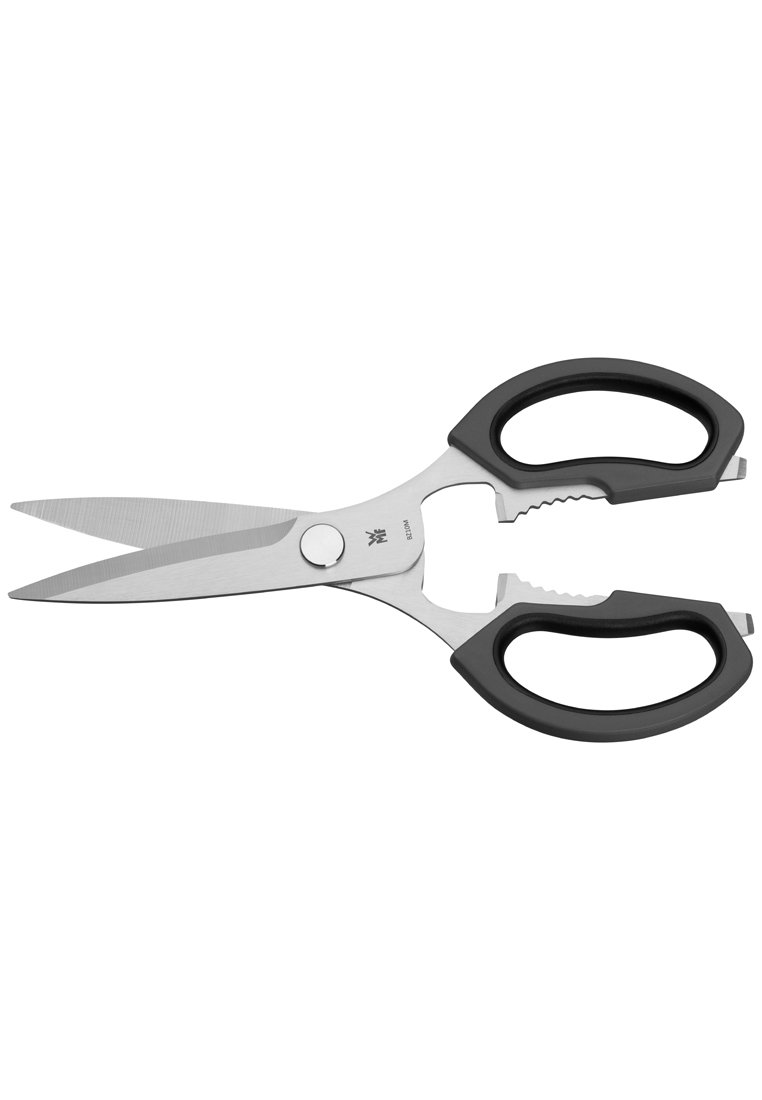 Edelstahl-Scheren mit schwarzen ergonomischen Gummigriffen, geraden und gezackten Klingen, entwickelt für vielseitige Schneidarbeiten.