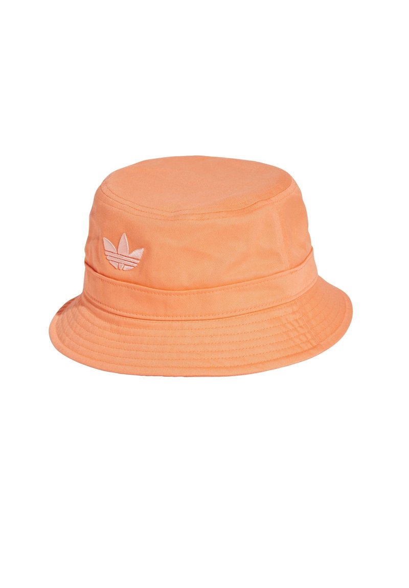 Orange bucket hat made of soft fabric with a round crown, wide brim, and embroidered logo on the front. Textured surface and stitched details.