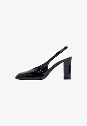 Black patent leather slingback pump with pointed toe and block heel on white background.