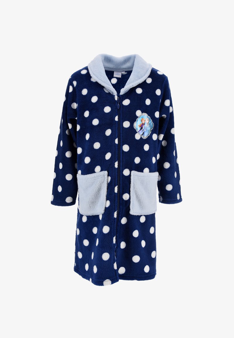 Robe en polaire bleu marine à pois blancs, col et poches bleu clair, fermeture éclair à l'avant et patch de personnage sur le thème de Frozen sur la poitrine.