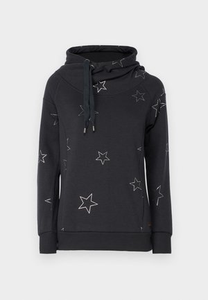Sweatshirt gris foncé avec un col haut, ornée de motifs d'étoiles blanches sur toute sa surface et d'un cordon de serrage au niveau du cou.