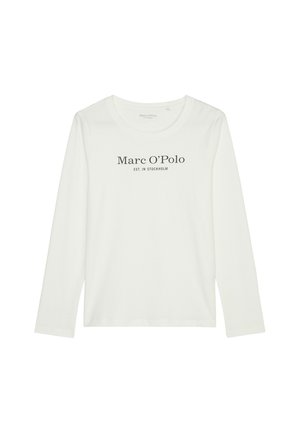 White long-sleeve t-shirt made of soft fabric with a round neckline. Features black text "Marc O'Polo EST. IN STOCKHOLM" on the front.