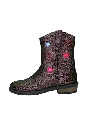 Zwarte en multiculturele cowboylaars met stervormige borduursels in roze, rood en blauw. Gevoelige afwerking met een lichte hak en een spitse neus.