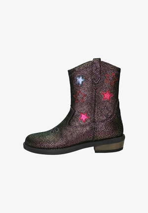 Zwarte en multiculturele cowboylaars met stervormige borduursels in roze, rood en blauw. Gevoelige afwerking met een lichte hak en een spitse neus.