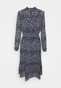 Granatowa sukienka w kwiaty z długimi rękawami, falbaniastym, wysokim dekoltem, elastyczną talią i warstwowym, przezroczystym dołem. Całość pokryta małym wzorem kwiatowym.