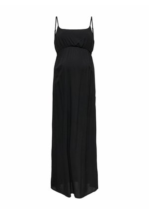 Robe maxi de maternité noire sans manches avec bretelles spaghetti réglables et détails froncés au niveau du buste.