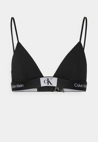Čierny bavlnený trojuholníkový bralet s tenkými ramienkami a širokým elastickým pásom, ktorý je zdobený bielym logom a kontrastnými šedými akcentmi.
