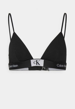 Schwarzer Baumwolltriangel-Bralette mit dünnen Trägern und einem breiten elastischen Bund, der ein weißes Logo und kontrastierende graue Akzente aufweist.